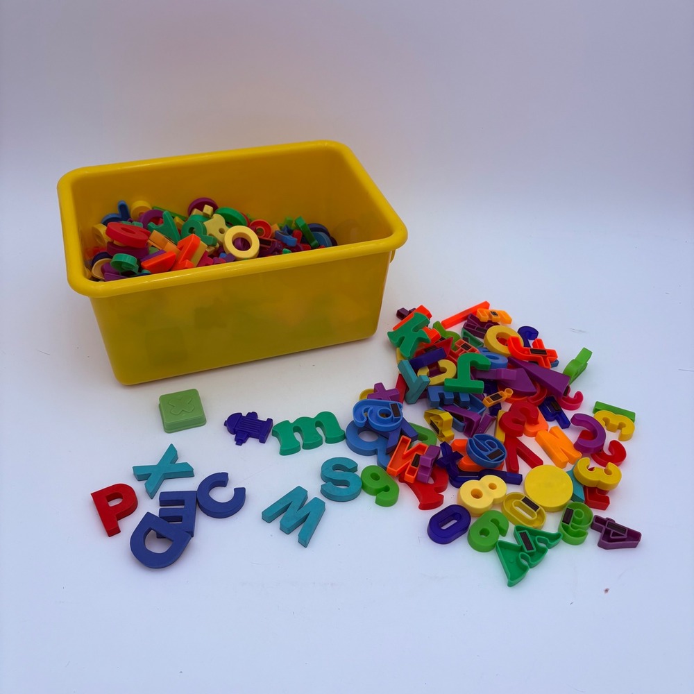 Magnetic letters, numbers, symbols, huge lot, 3 lbs. in plastic bin plastic foam